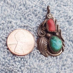 Native American Turquoise  & Coral Pendant - Vintage & FREE SHIPPING